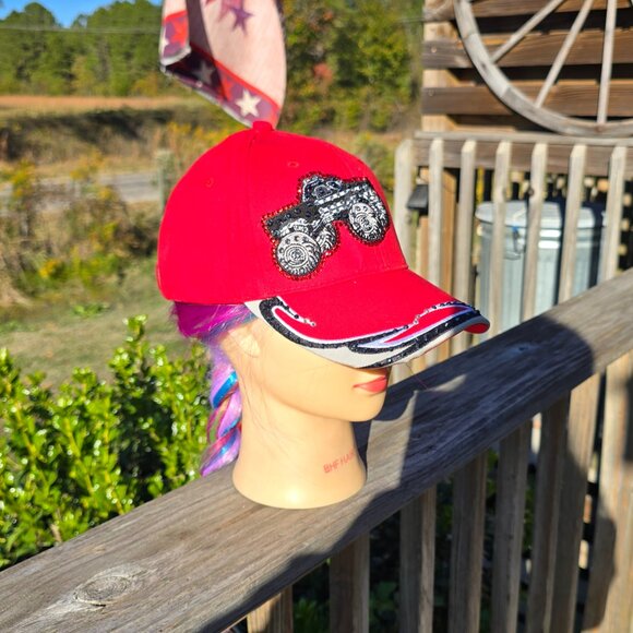 Ladies Red & Black Monster Truck BLING Hat NEW No Tags - Picture 2 of 4